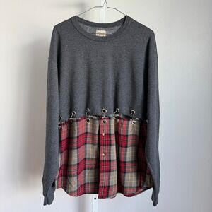 Furst of a Kind Gray Sweatshirt sz‎ L Goth Punk Plaid Layered Grommet Detail Top